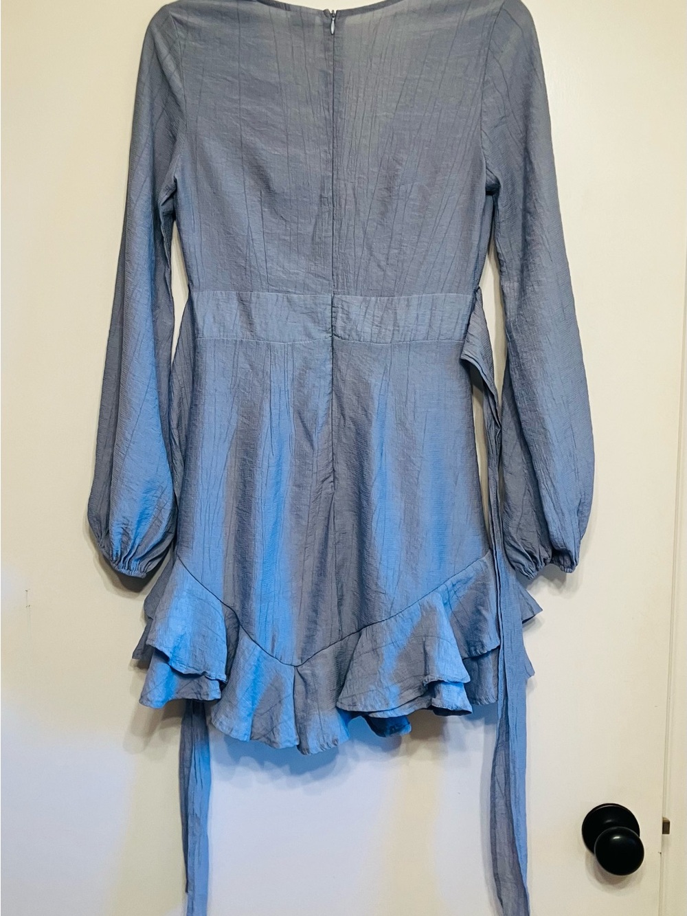 Angel Biba Dusty Blue Ruffle Mini Dress Waist Tie Sashes - Size Small - Picture 3 of 7